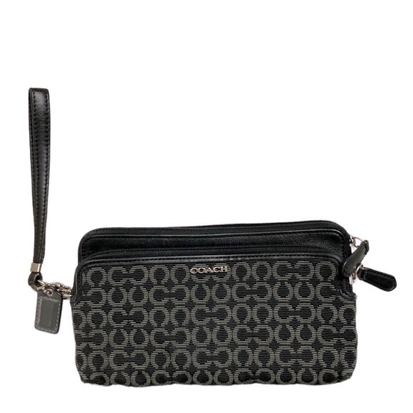 Coach black gray op c double zipper wristlet clutch bag